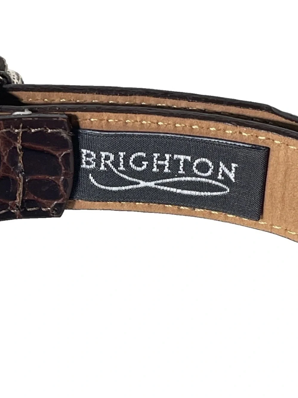 BRIGHTON Women's Dark Brown Croc Embossed Leather Golf Charm Belt Sz M/L 32 USA
